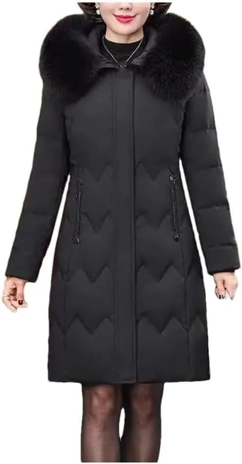 Middle Aged Mother Down Cotton-Padded Jacket Women Winter Loose Hooded Collar Coat Thicken Mid-Long Parkas