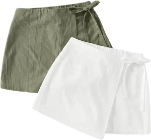 Milumia Women's 2 Pack Bowtie Side Wrap Skort Elastic Waist Solid Linen Shorts