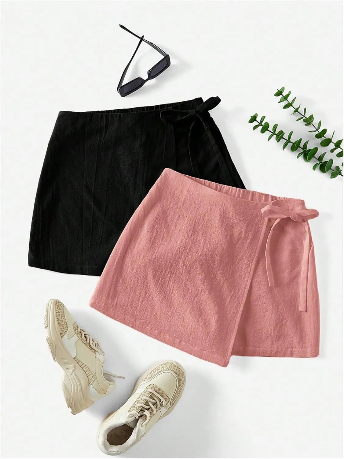 Milumia Women's 2 Pack Bowtie Side Wrap Skort Elastic Waist Solid Linen Shorts