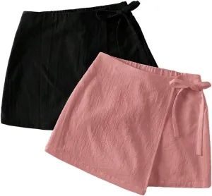 Milumia Women's 2 Pack Bowtie Side Wrap Skort Elastic Waist Solid Linen Shorts