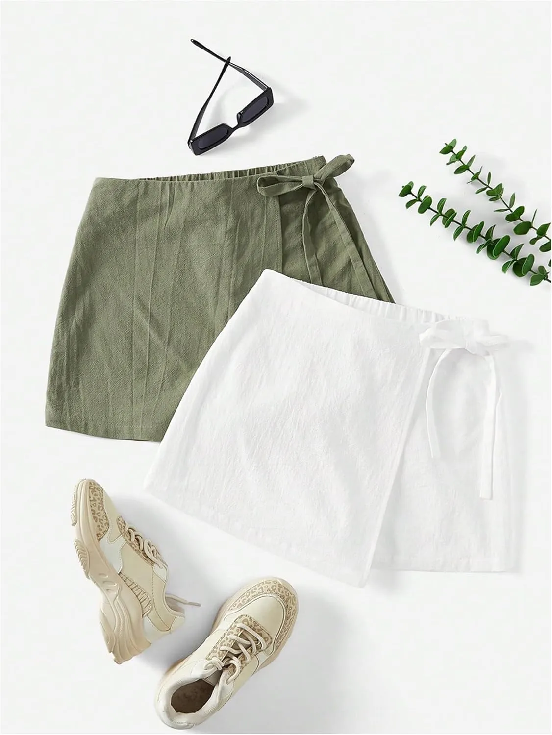 Milumia Women's 2 Pack Bowtie Side Wrap Skort Elastic Waist Solid Linen Shorts
