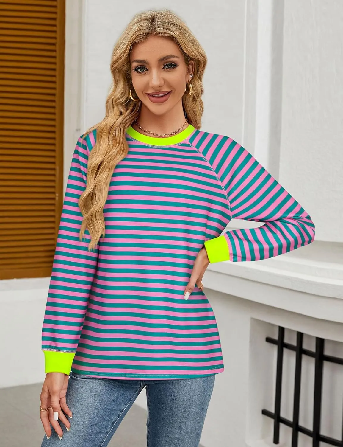 Misyula Style Women Tie Dye Sweatshirt Color Block Long Sleeve Crewneck Oversized Tshirt