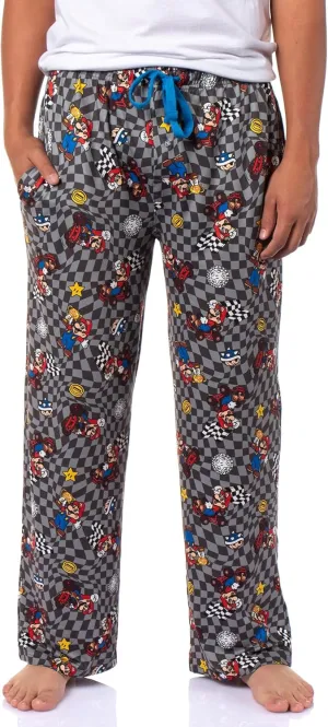 MJC Super Mario Kart Men's Mario Champion Checkered Pajama Pants Adult Sleepwear, Grey
