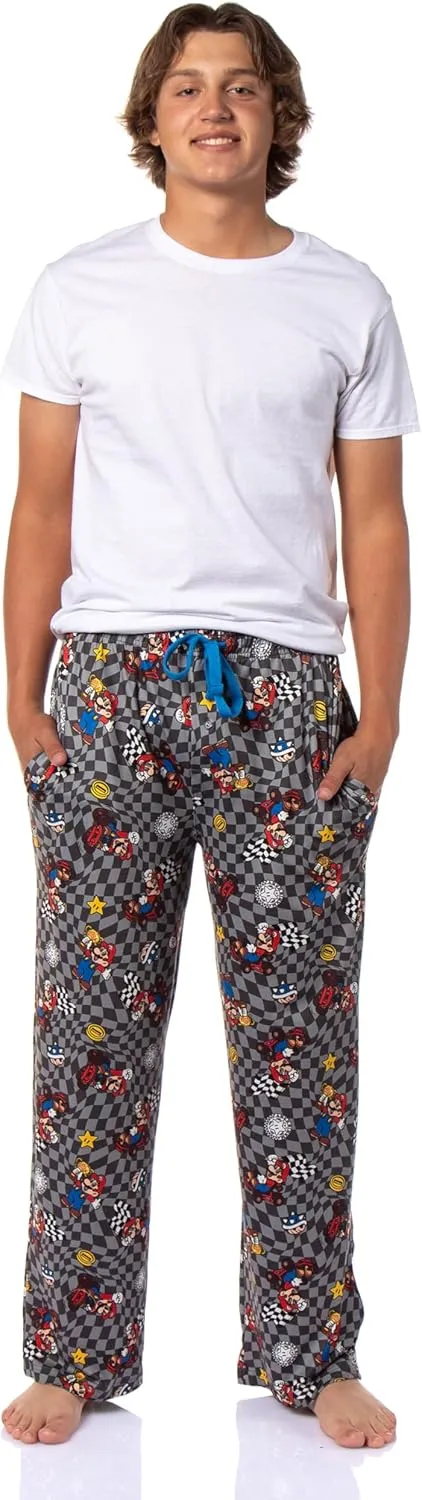 MJC Super Mario Kart Men's Mario Champion Checkered Pajama Pants Adult Sleepwear, Grey