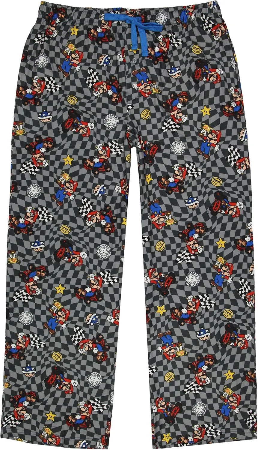 MJC Super Mario Kart Men's Mario Champion Checkered Pajama Pants Adult Sleepwear, Grey