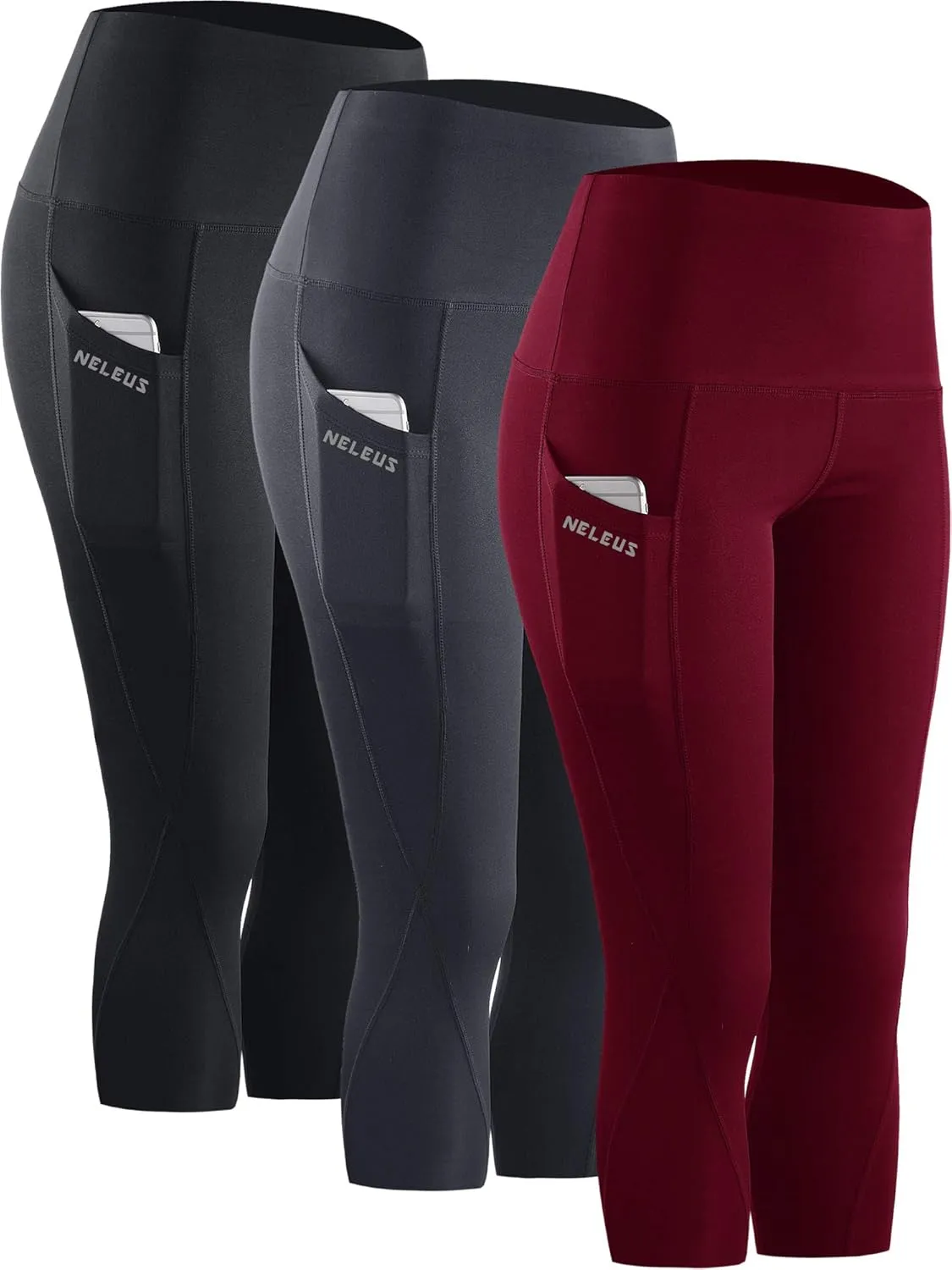 NELEUS Women's Tummy Control High Waist Capri Running Leggings Yoga Pants with Pocket