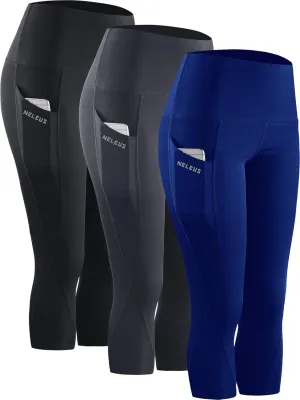 NELEUS Women's Tummy Control High Waist Capri Running Leggings Yoga Pants with Pocket