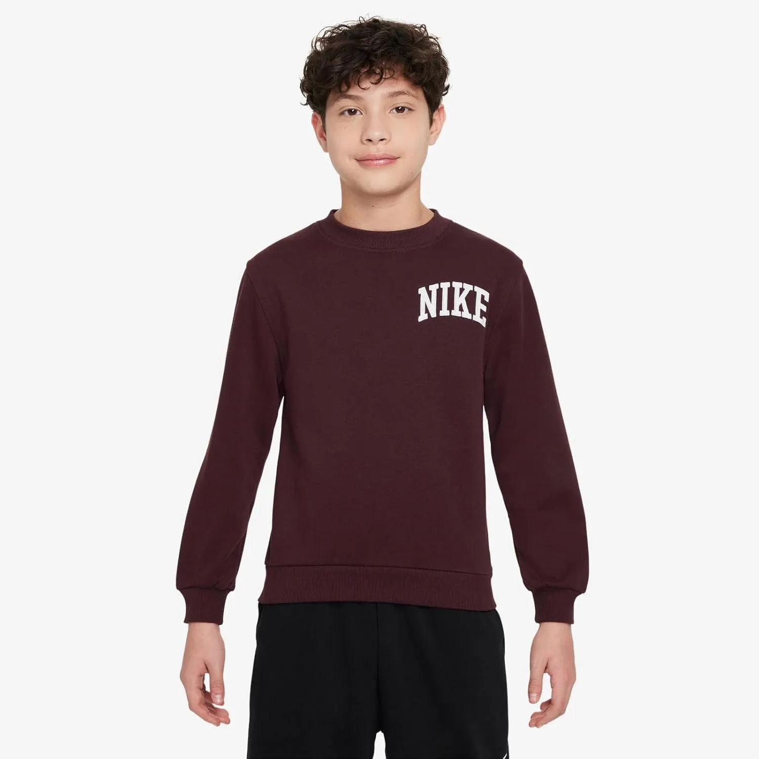 Nike Sportswear Club Big Kids' French Terry Crew-Neck Sweatshirt (HJ3144-652, Burgundy Crush/White)
