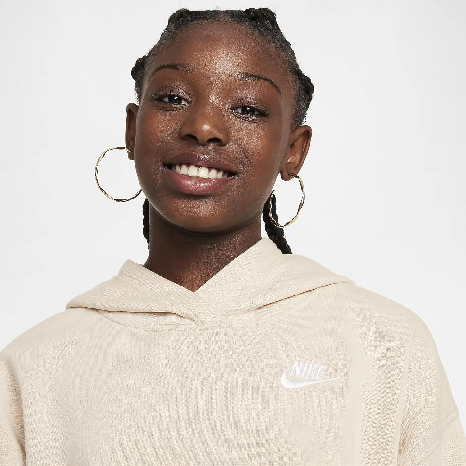 Nike Sportswear Club Fleece Big Kids' Oversized Pullover Hoodie (FZ5579-126, Sanddrift/White)
