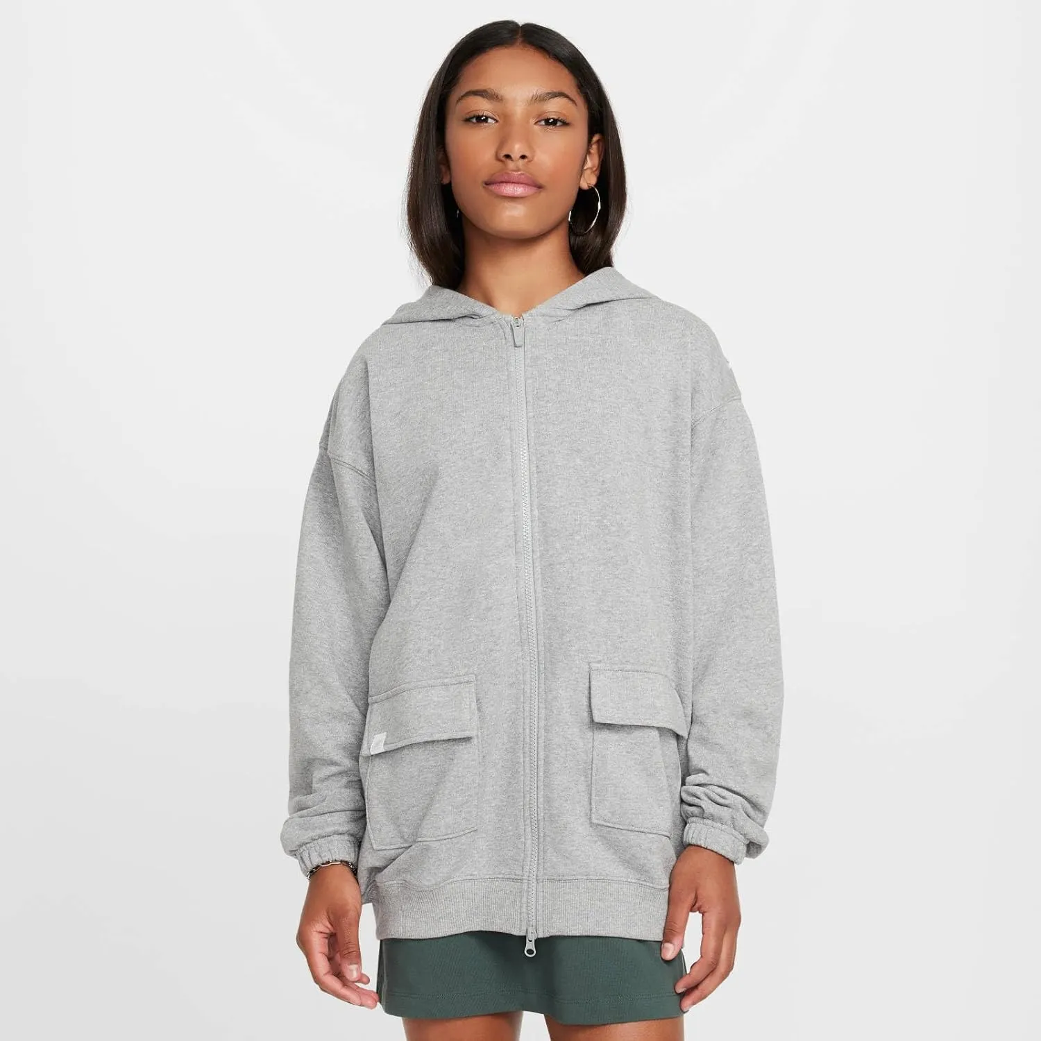 Nike Sportswear Girls' Dri-FIT Oversized Fleece Hoodie (FZ5549-063, Dark Grey Heather)