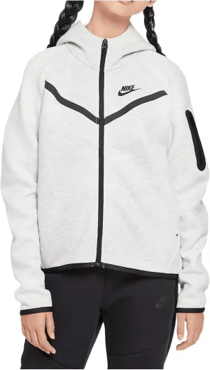Nike Sportswear Tech Fleece Girls' Full-Zip Hoodie (HV8695-013, Light Grey/Heather/Black/Black)