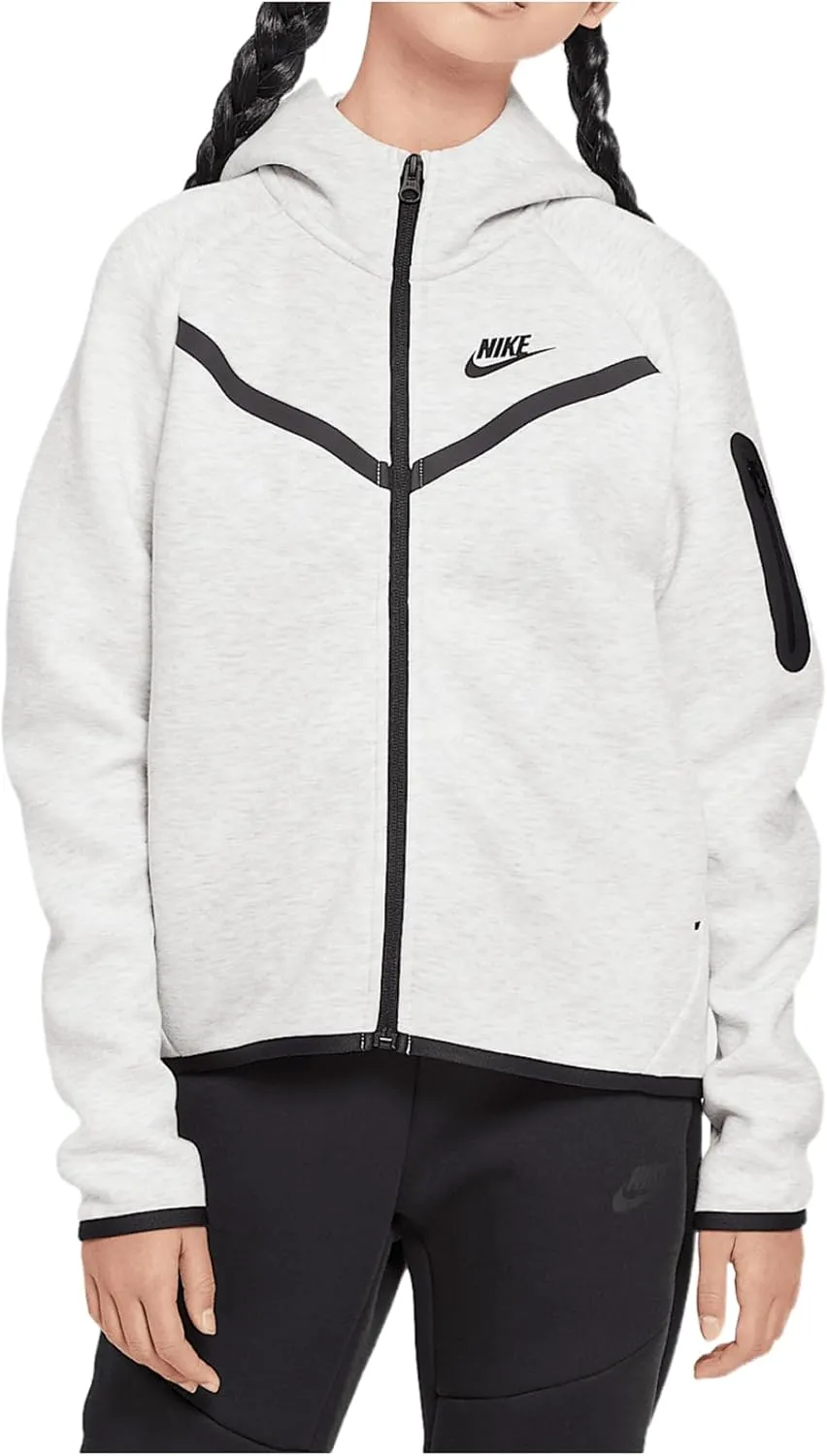 Nike Sportswear Tech Fleece Girls' Full-Zip Hoodie (HV8695-013, Light Grey/Heather/Black/Black)