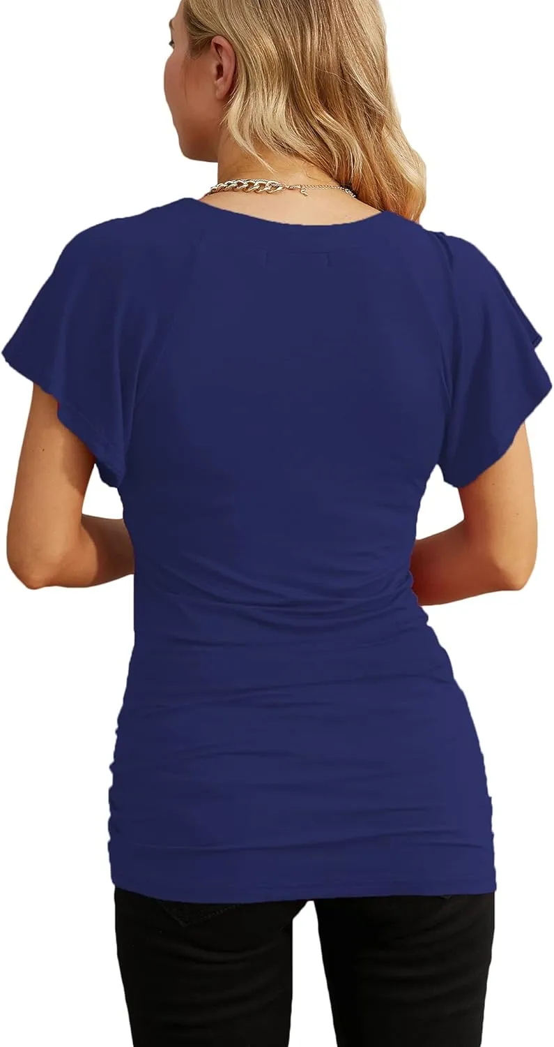 Ninedaily Women Dressy Tunic Tops Crossover V Neck Raglan Sleeve Ruched Blouse