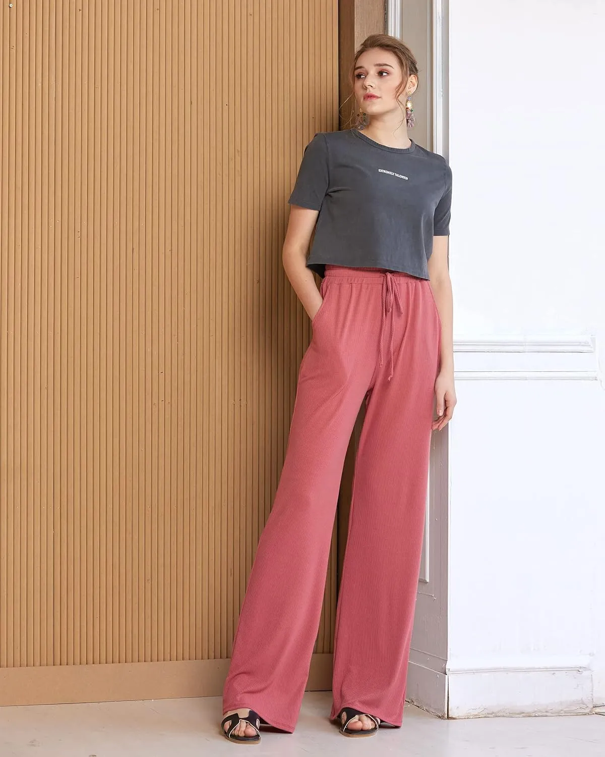 noflik Women's Casual Elastic High Waisted Drawstring Wide Leg Ribbed Knit Pants with Pockets