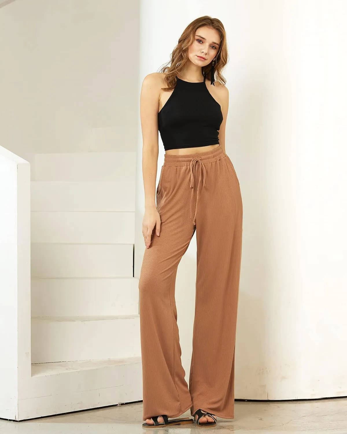 noflik Women's Casual Elastic High Waisted Drawstring Wide Leg Ribbed Knit Pants with Pockets