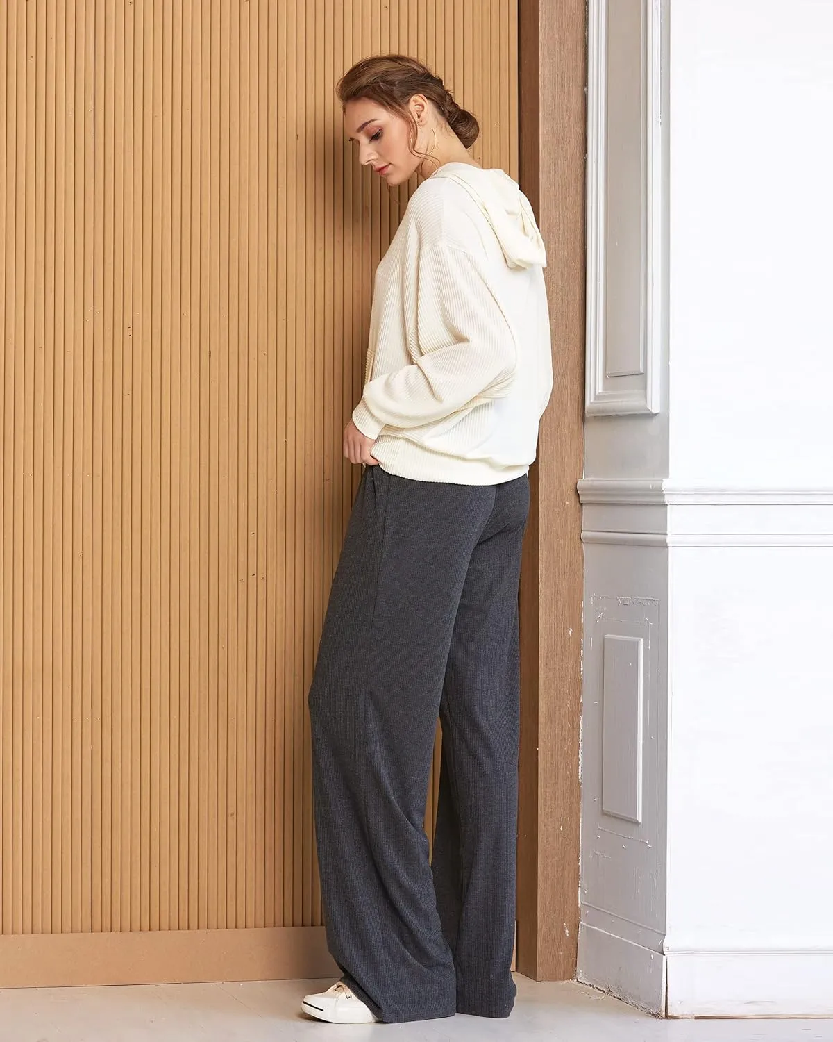 noflik Women's Casual Elastic High Waisted Drawstring Wide Leg Ribbed Knit Pants with Pockets