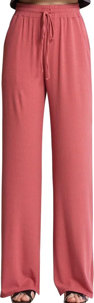noflik Women's Casual Elastic High Waisted Drawstring Wide Leg Ribbed Knit Pants with Pockets