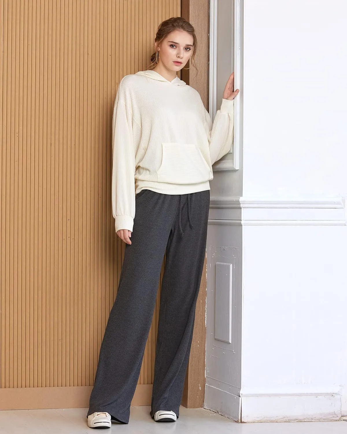 noflik Women's Casual Elastic High Waisted Drawstring Wide Leg Ribbed Knit Pants with Pockets