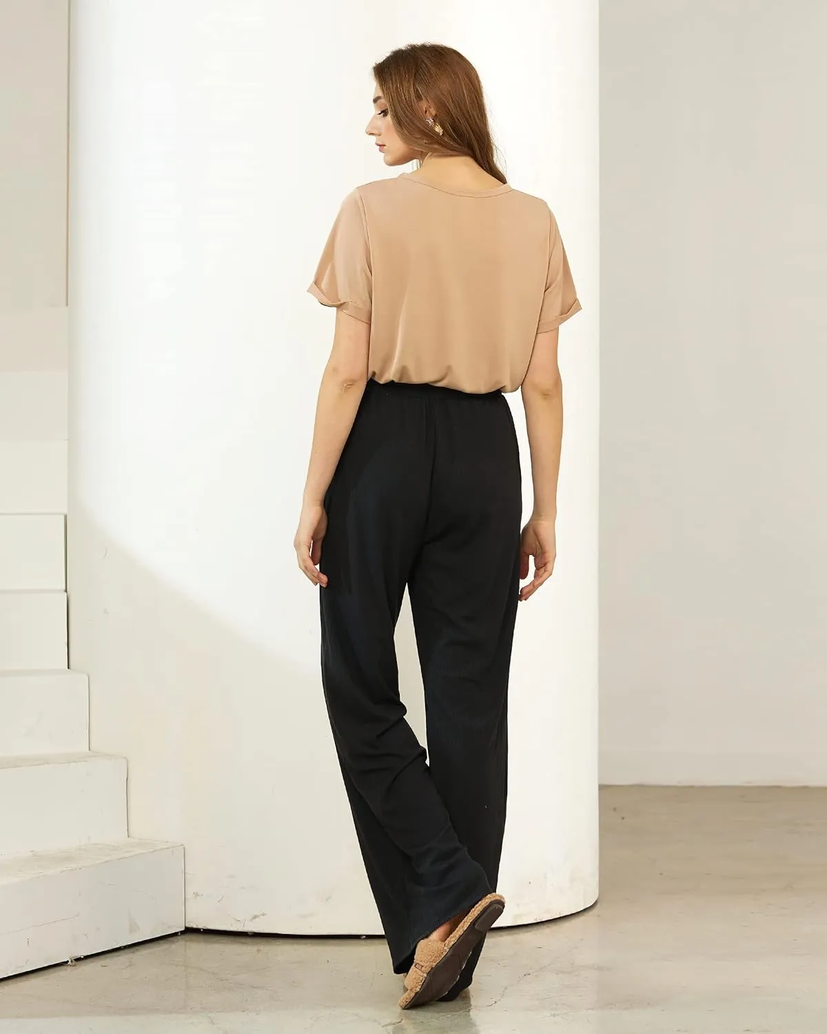 noflik Women's Casual Elastic High Waisted Drawstring Wide Leg Ribbed Knit Pants with Pockets