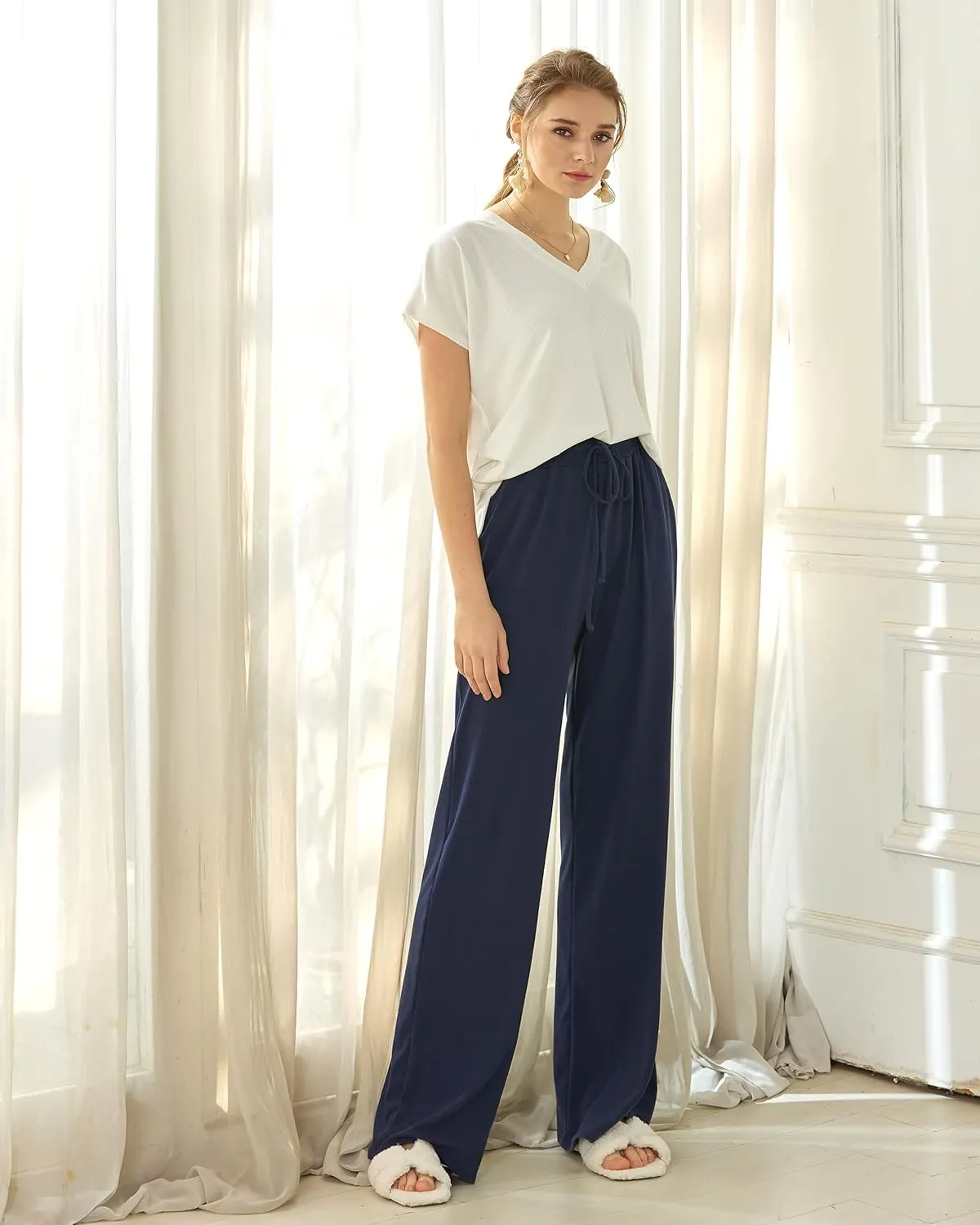 noflik Women's Casual Elastic High Waisted Drawstring Wide Leg Ribbed Knit Pants with Pockets