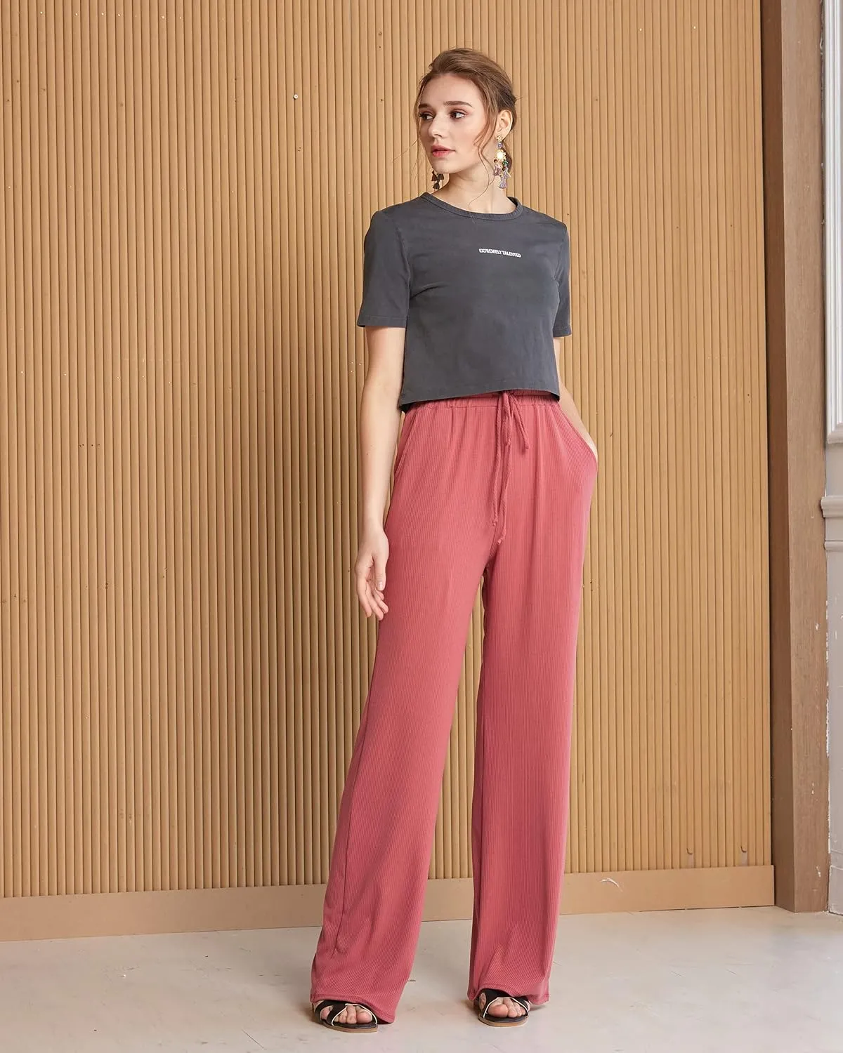 noflik Women's Casual Elastic High Waisted Drawstring Wide Leg Ribbed Knit Pants with Pockets