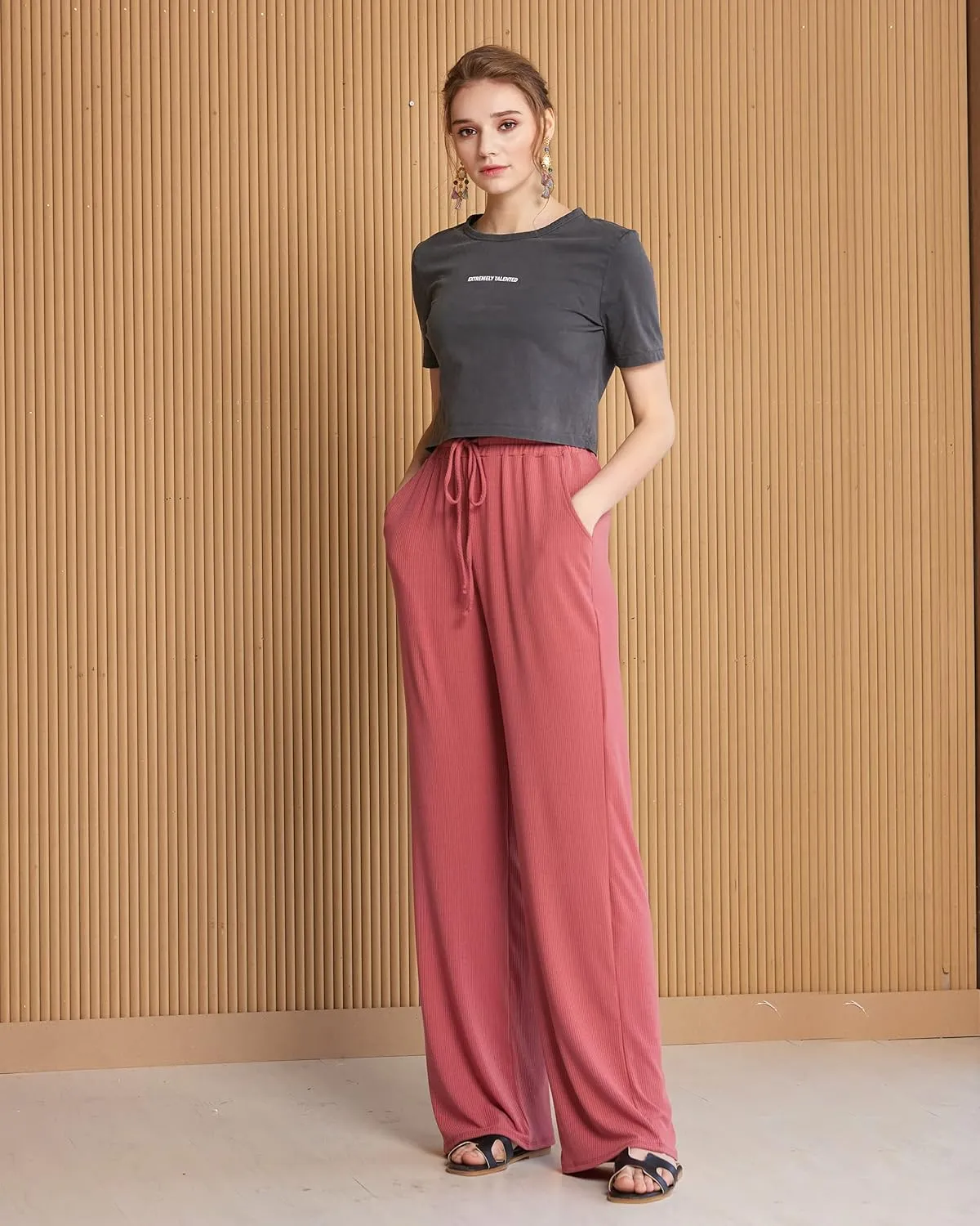noflik Women's Casual Elastic High Waisted Drawstring Wide Leg Ribbed Knit Pants with Pockets