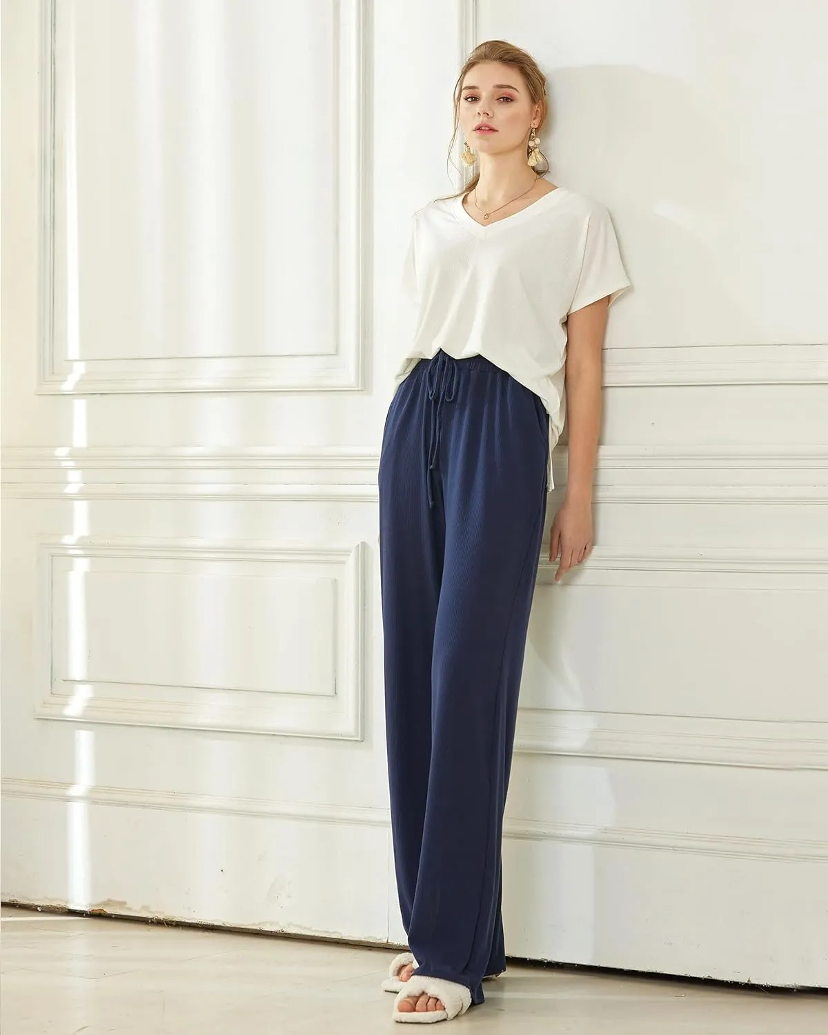 noflik Women's Casual Elastic High Waisted Drawstring Wide Leg Ribbed Knit Pants with Pockets