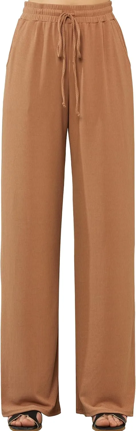 noflik Women's Casual Elastic High Waisted Drawstring Wide Leg Ribbed Knit Pants with Pockets