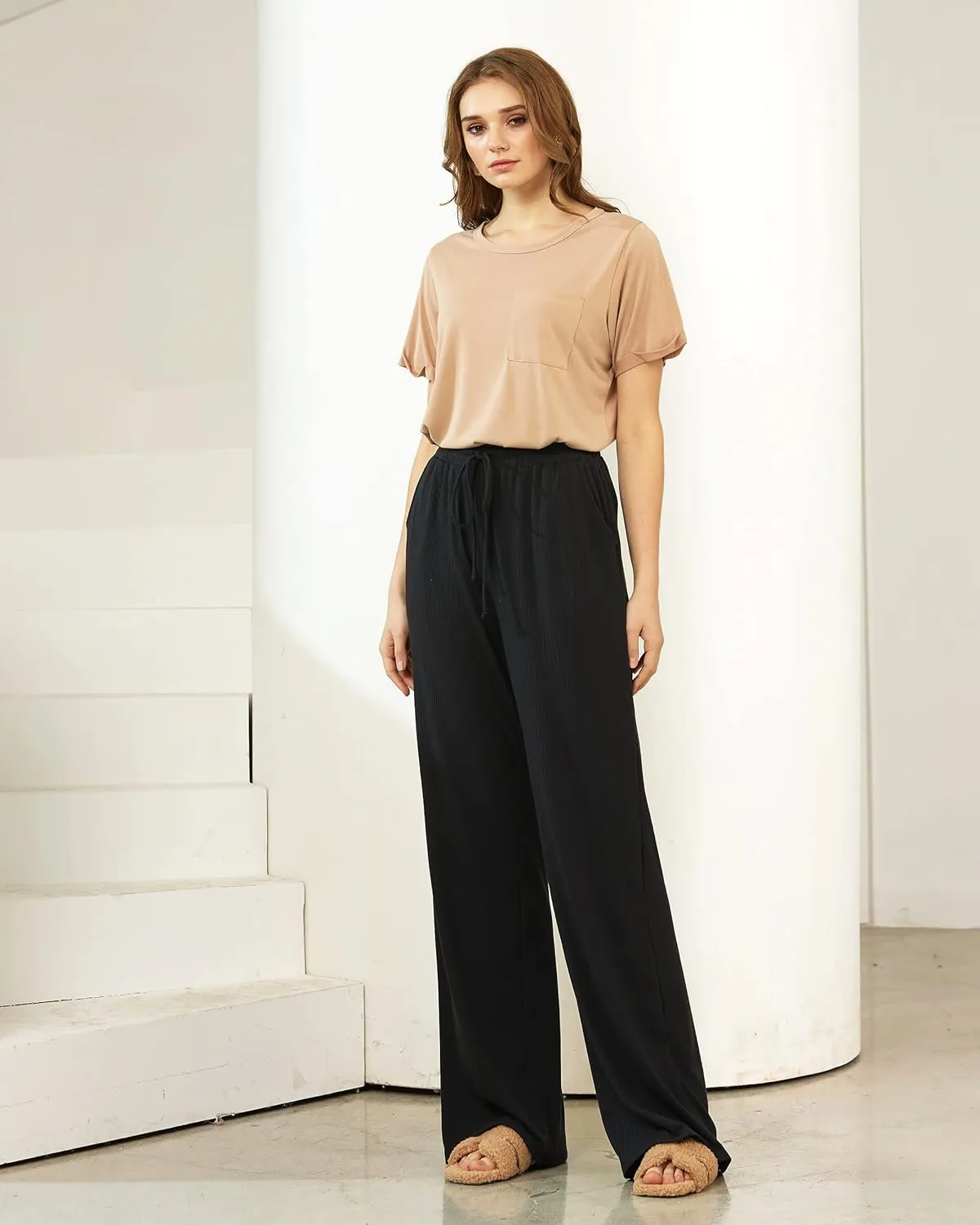 noflik Women's Casual Elastic High Waisted Drawstring Wide Leg Ribbed Knit Pants with Pockets
