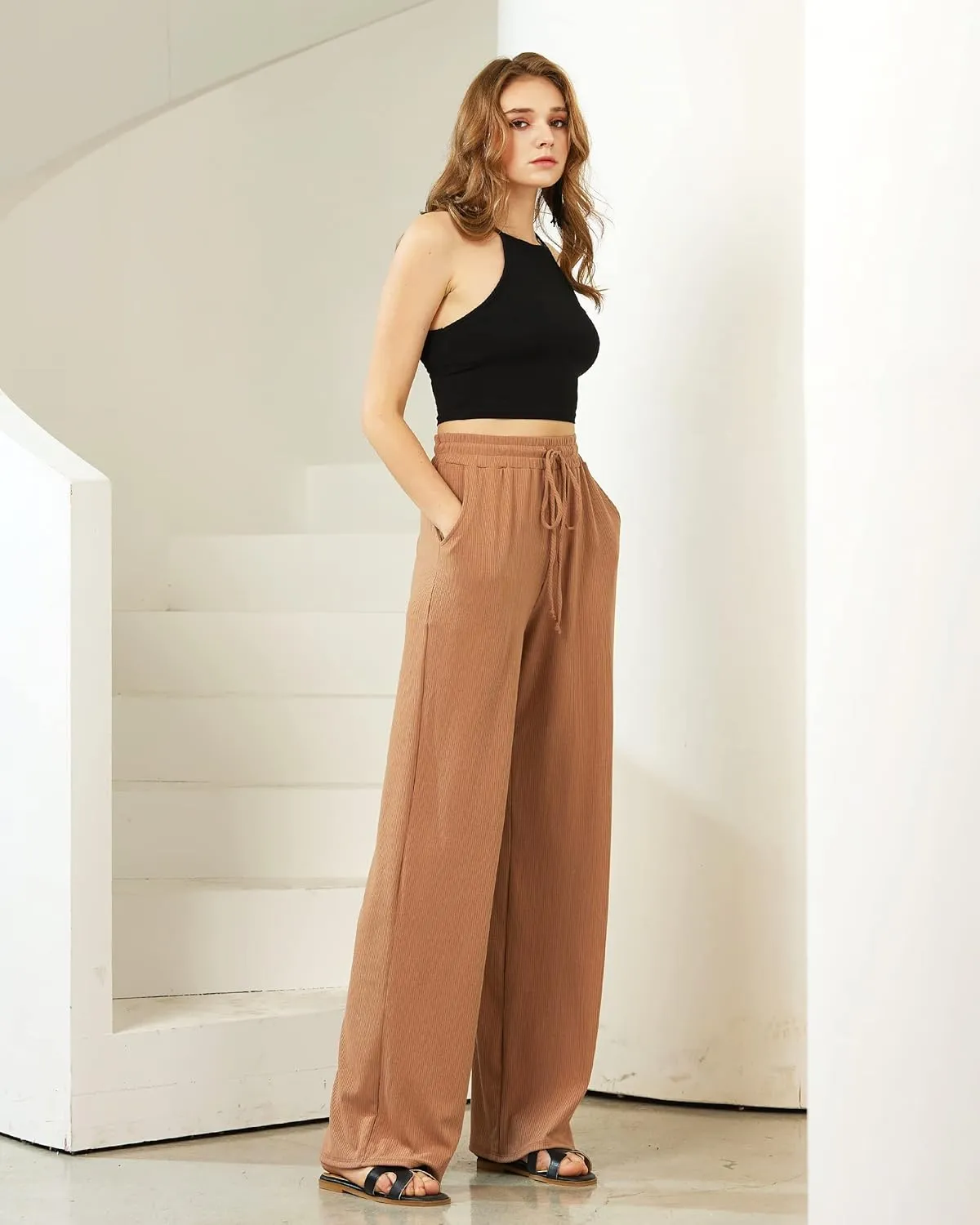 noflik Women's Casual Elastic High Waisted Drawstring Wide Leg Ribbed Knit Pants with Pockets