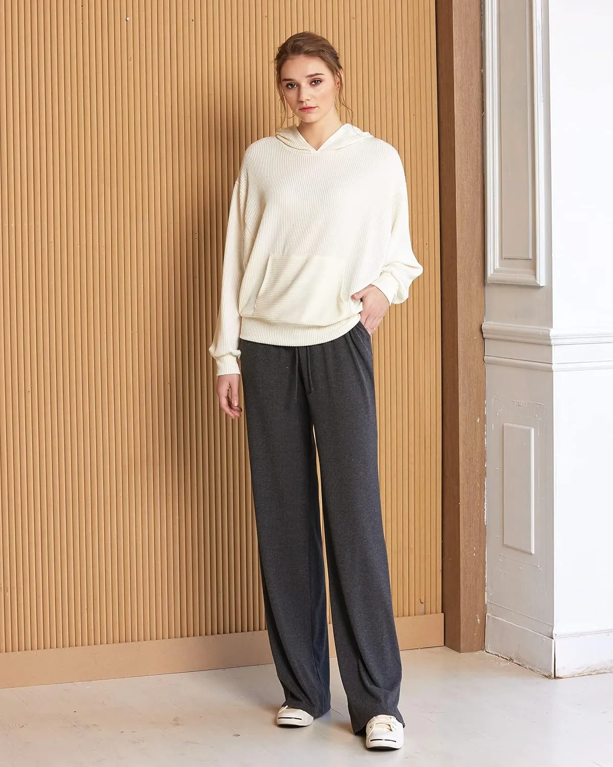 noflik Women's Casual Elastic High Waisted Drawstring Wide Leg Ribbed Knit Pants with Pockets