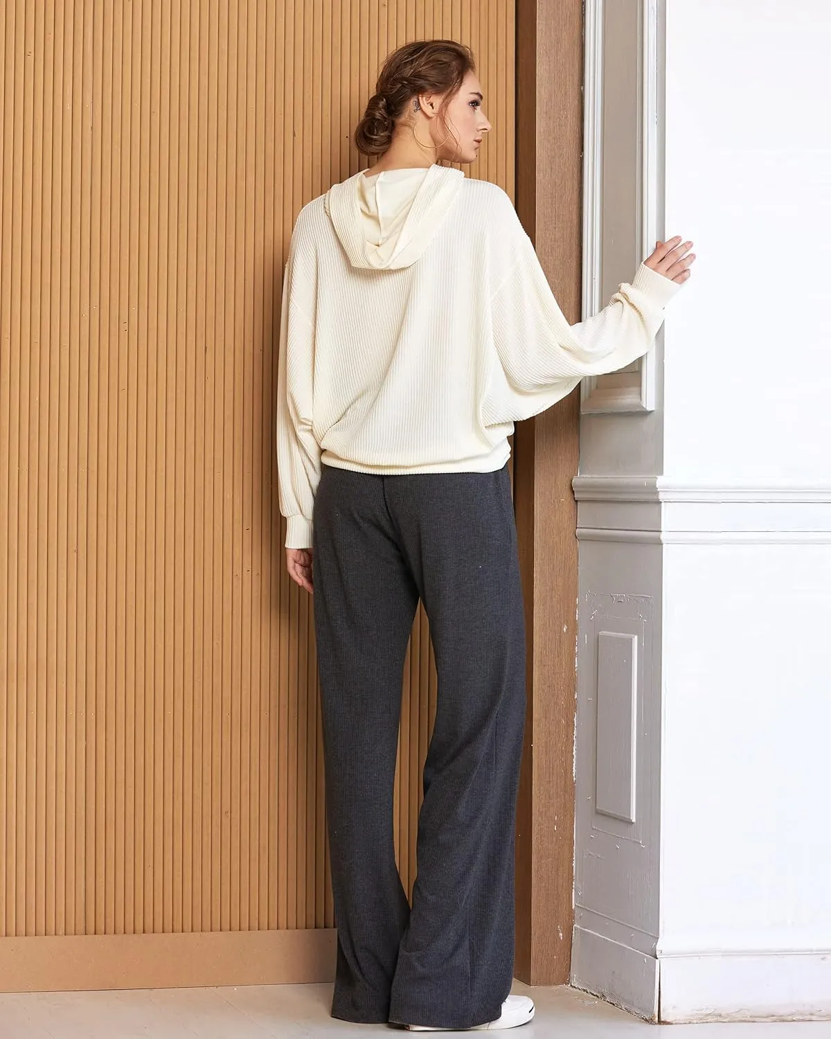 noflik Women's Casual Elastic High Waisted Drawstring Wide Leg Ribbed Knit Pants with Pockets