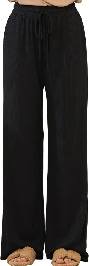 noflik Women's Casual Elastic High Waisted Drawstring Wide Leg Ribbed Knit Pants with Pockets