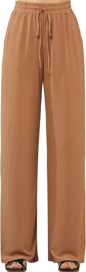 noflik Women's Casual Elastic High Waisted Drawstring Wide Leg Ribbed Knit Pants with Pockets