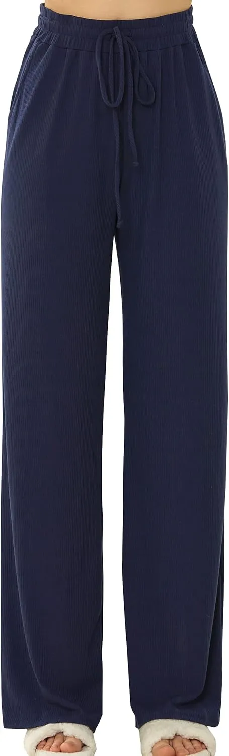 noflik Women's Casual Elastic High Waisted Drawstring Wide Leg Ribbed Knit Pants with Pockets