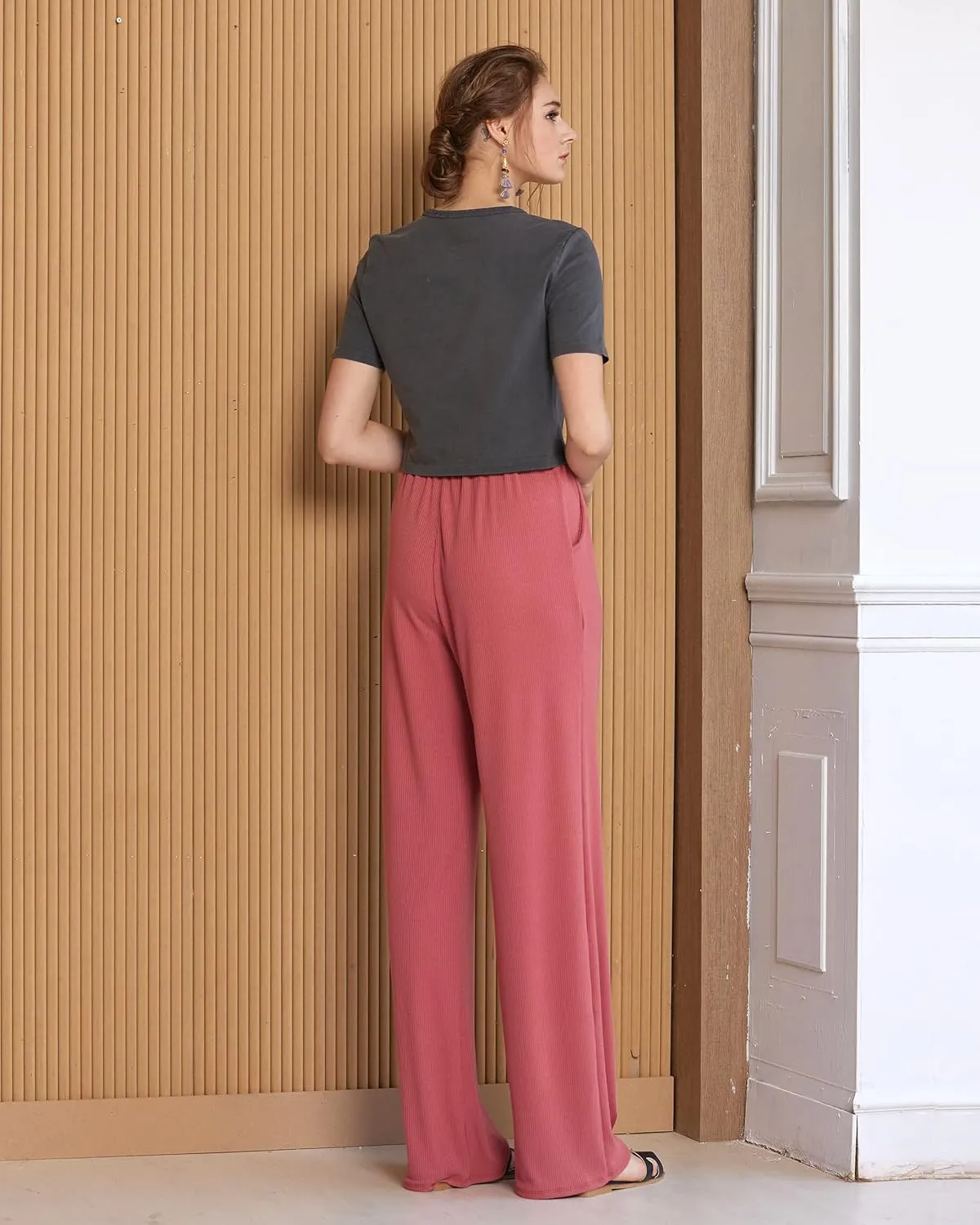 noflik Women's Casual Elastic High Waisted Drawstring Wide Leg Ribbed Knit Pants with Pockets