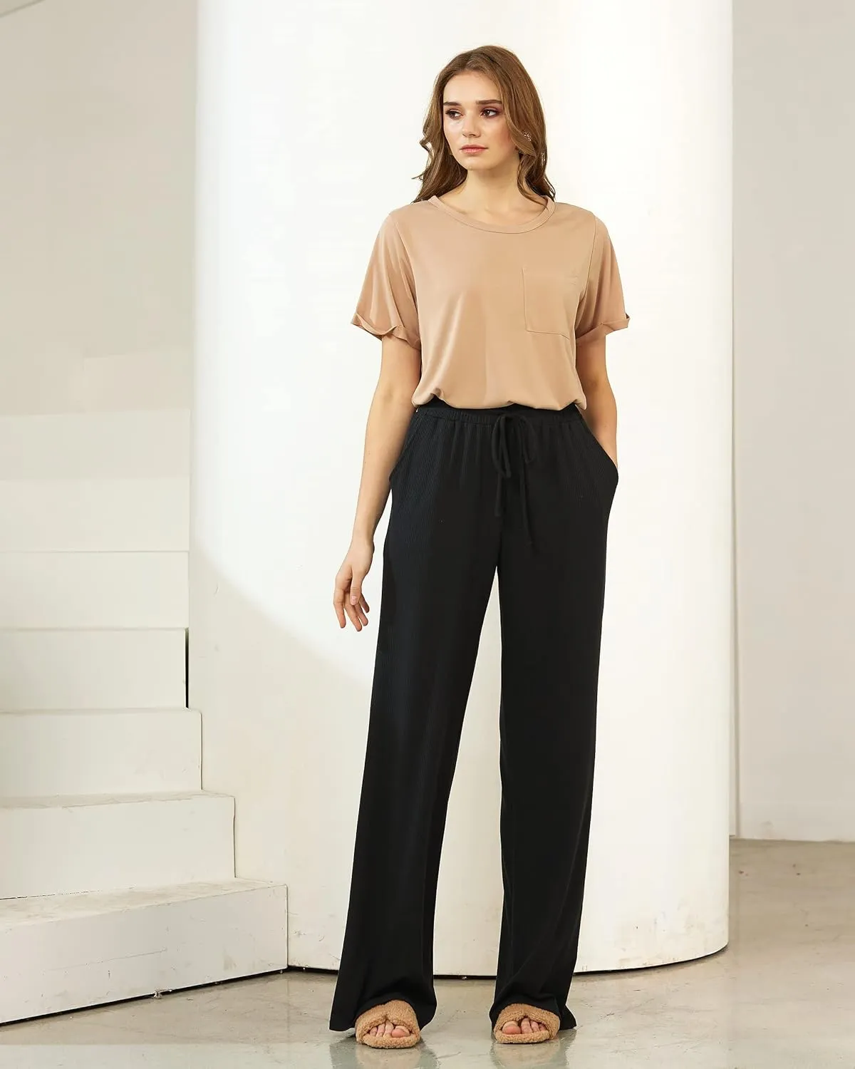noflik Women's Casual Elastic High Waisted Drawstring Wide Leg Ribbed Knit Pants with Pockets