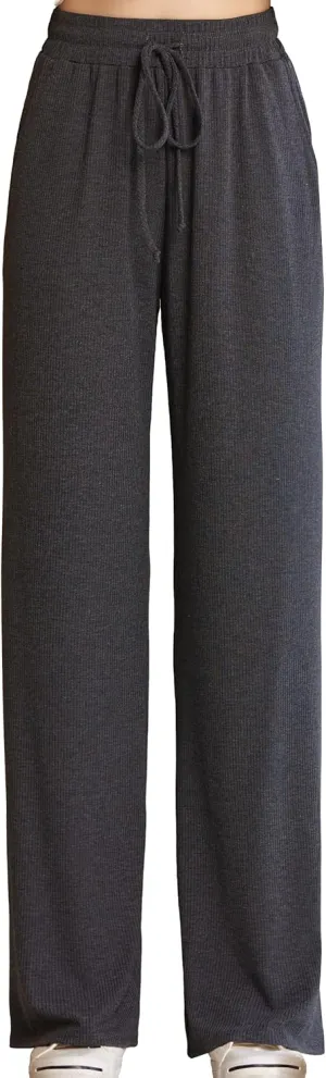 noflik Women's Casual Elastic High Waisted Drawstring Wide Leg Ribbed Knit Pants with Pockets