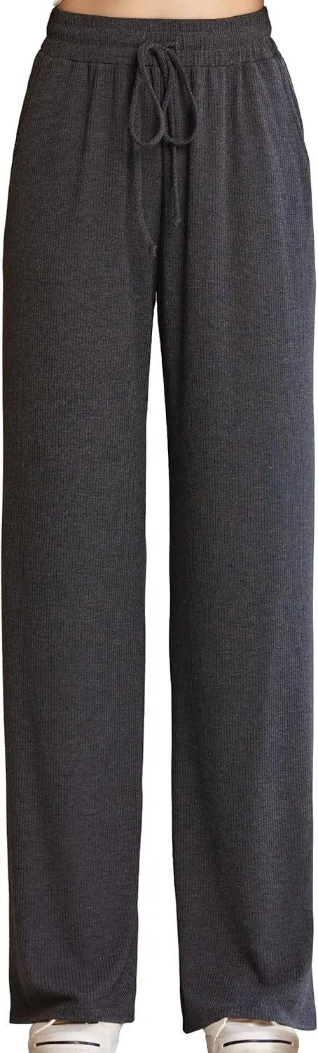 noflik Women's Casual Elastic High Waisted Drawstring Wide Leg Ribbed Knit Pants with Pockets