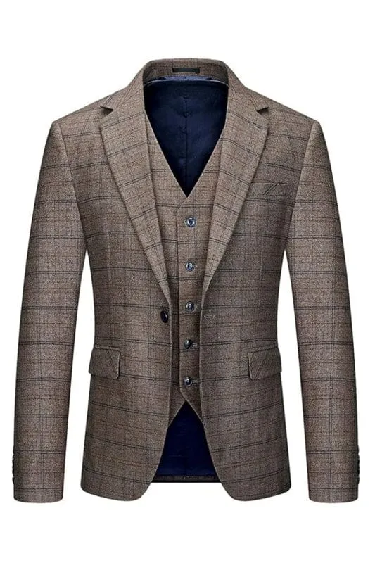 Notched Lapel Three Pieces Brown Business Suits One Button Slim Fit Prom Suits
