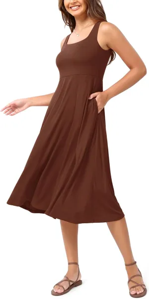 ODODOS Square Neck Midi Dress with Pockets for Women Summer Casual Sleeveless Sundress Flare Tank Dress