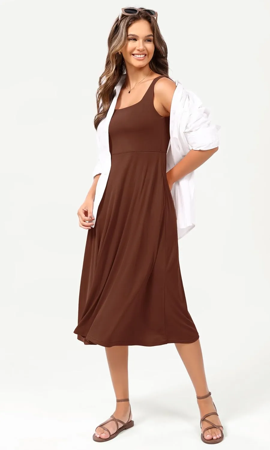 ODODOS Square Neck Midi Dress with Pockets for Women Summer Casual Sleeveless Sundress Flare Tank Dress