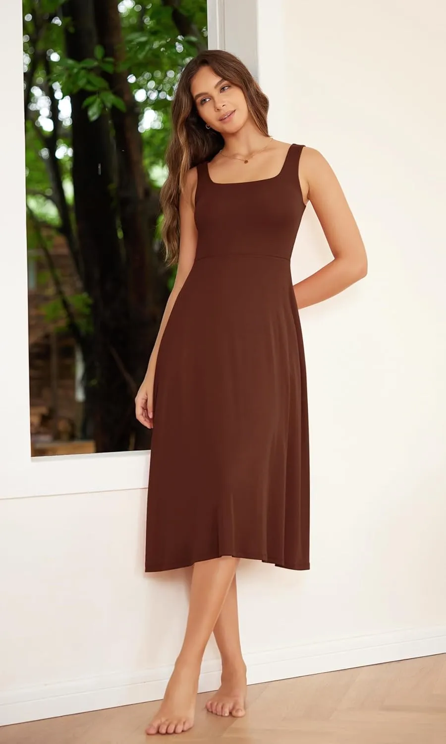 ODODOS Square Neck Midi Dress with Pockets for Women Summer Casual Sleeveless Sundress Flare Tank Dress
