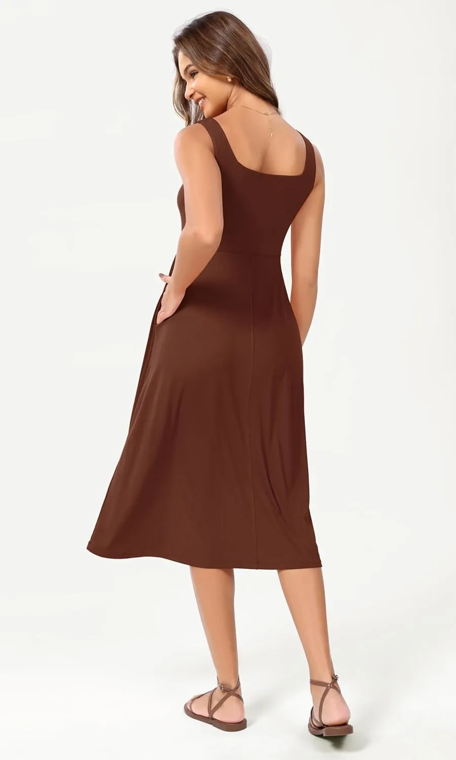 ODODOS Square Neck Midi Dress with Pockets for Women Summer Casual Sleeveless Sundress Flare Tank Dress