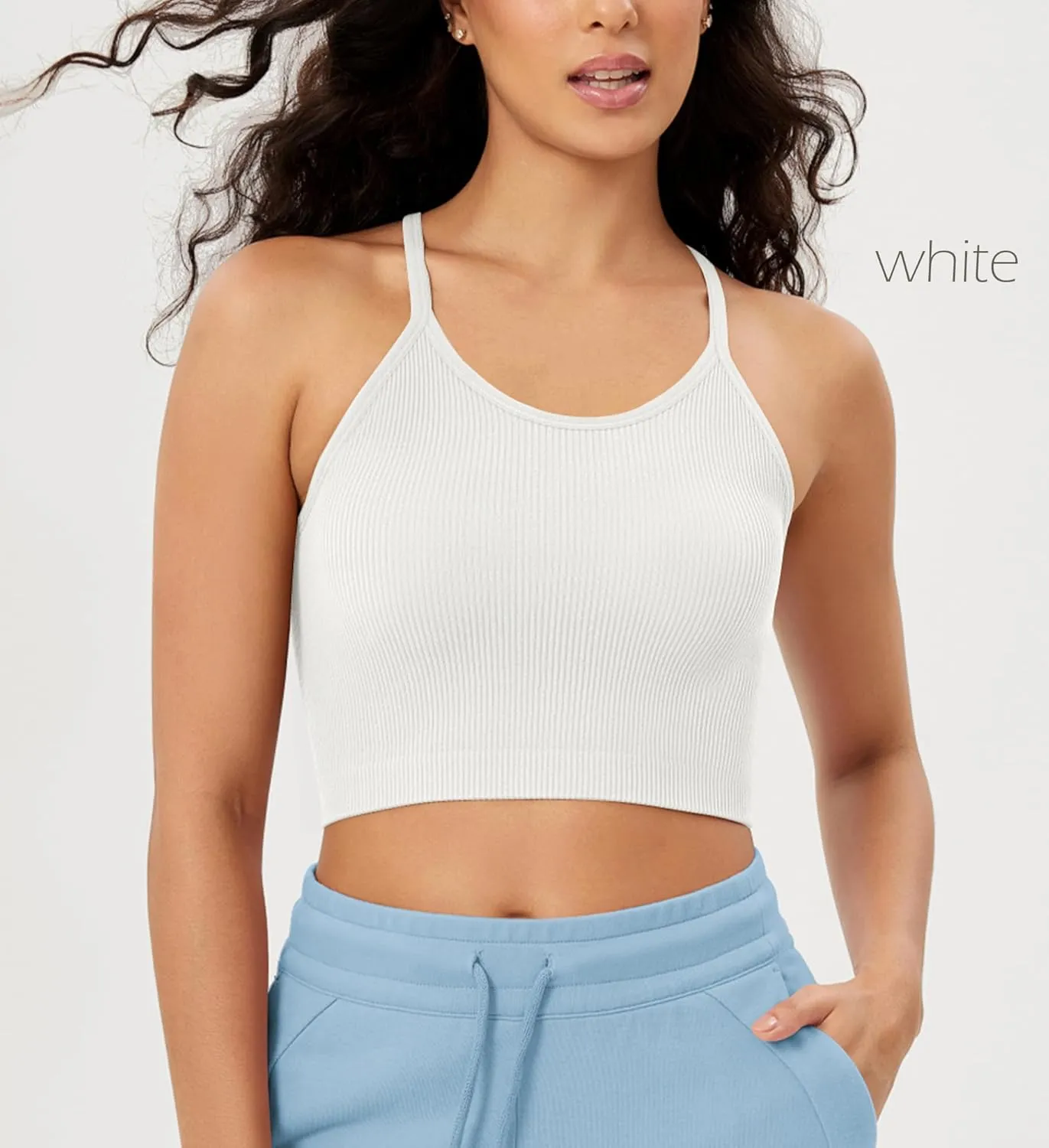 ODODOS Women's Crop 3-Pack Seamless Rib-Knit Camisole Crop Tank Tops