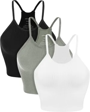 ODODOS Women's Crop 3-Pack Seamless Rib-Knit Camisole Crop Tank Tops