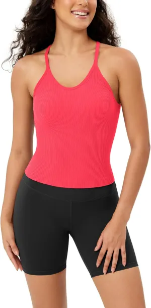 ODODOS Women's Crop Seamless Rib-Knit Camisole Strappy Racerback Cropped Tank Tops