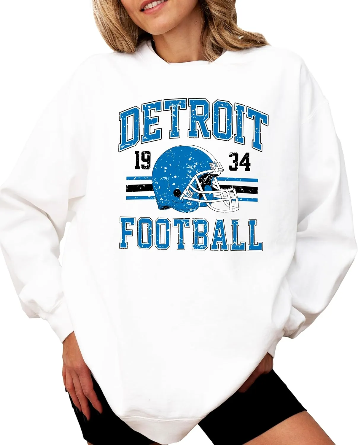 Olive Loves Apple Vintage Detroit 1934 Football Sweatshirt for Men Women and Kids Blue and Black Pullover