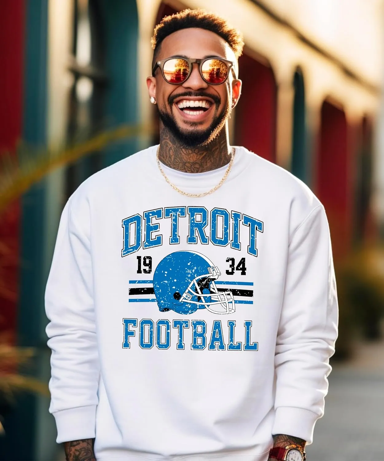 Olive Loves Apple Vintage Detroit 1934 Football Sweatshirt for Men Women and Kids Blue and Black Pullover