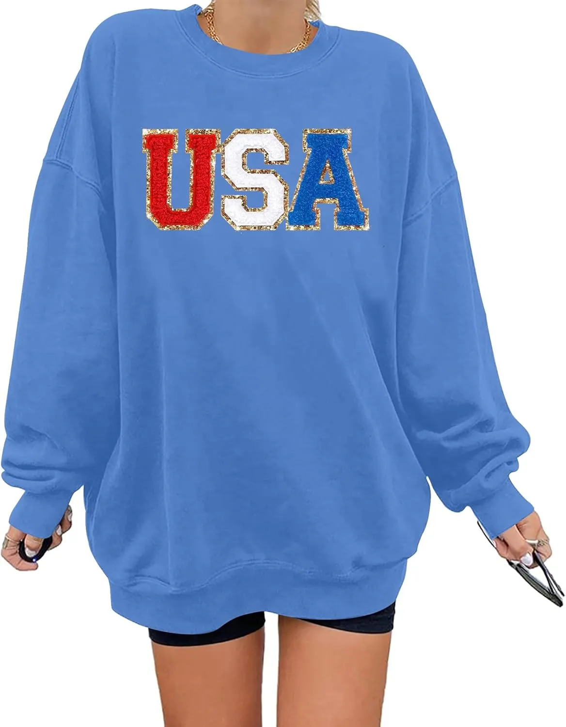 Oversized Usa Sweatshirt Women: Patriotic Tshirt 4th July Shirt Long Sleeve Casual Pullover Tops